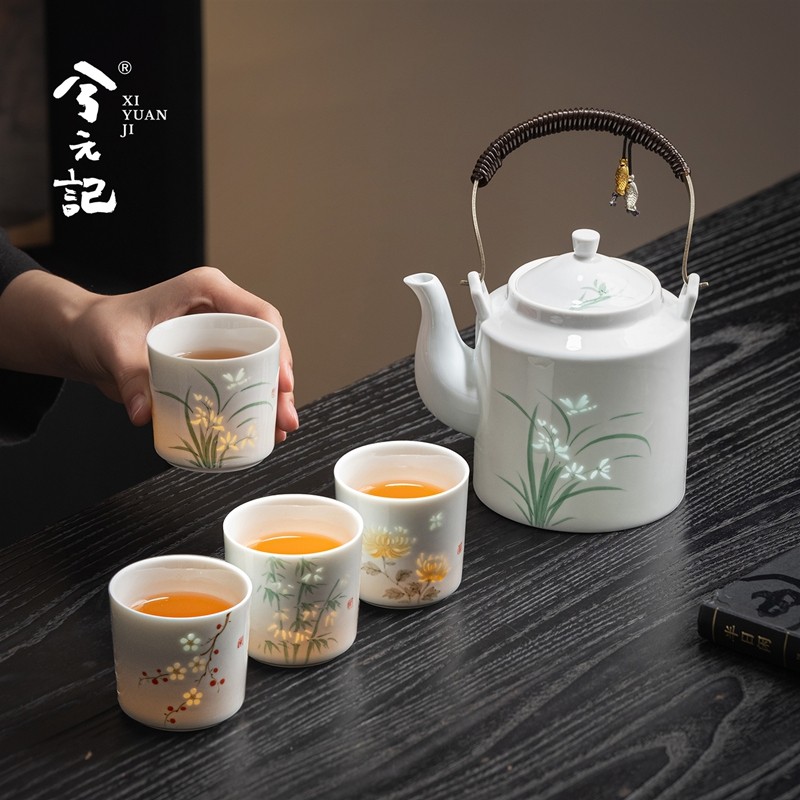 兮元记手绘玲珑瓷功夫茶具套装家用陶瓷提梁茶壶茶杯中式泡茶专用