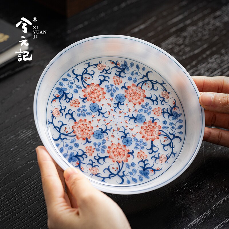 兮元记青花釉里红青花壶承陶瓷干泡台高档茶台茶海中式壶盘茶壶托