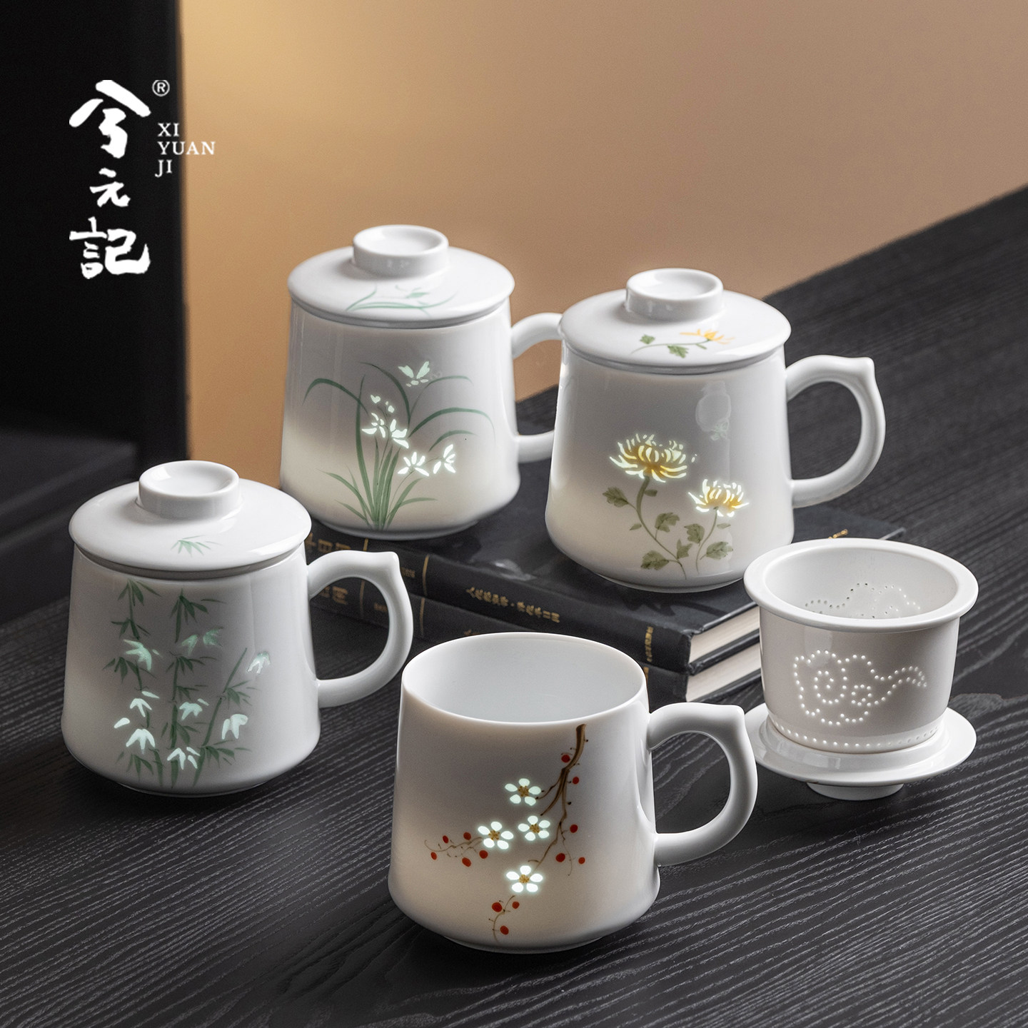 手绘玉瓷玲珑茶杯陶瓷带盖茶水分离杯高档办公室泡茶杯子过滤水杯
