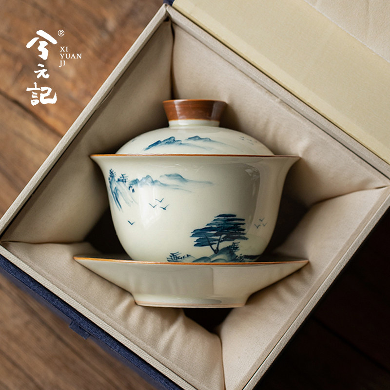 草木灰手绘釉下彩三才盖碗茶杯三件套单个高档泡茶碗带盖子功夫茶