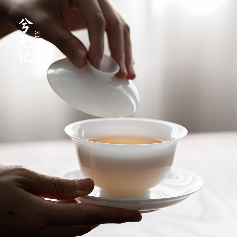 冰种羊脂玉瓷三才盖碗大号茶杯单个茶碗带盖高档德化白瓷功夫茶具