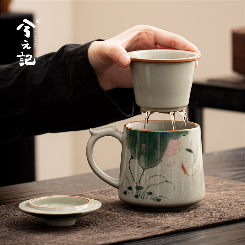 哥窑手绘茶水分离泡茶杯茶叶罐礼盒陶瓷马克杯个人专用高档办公杯