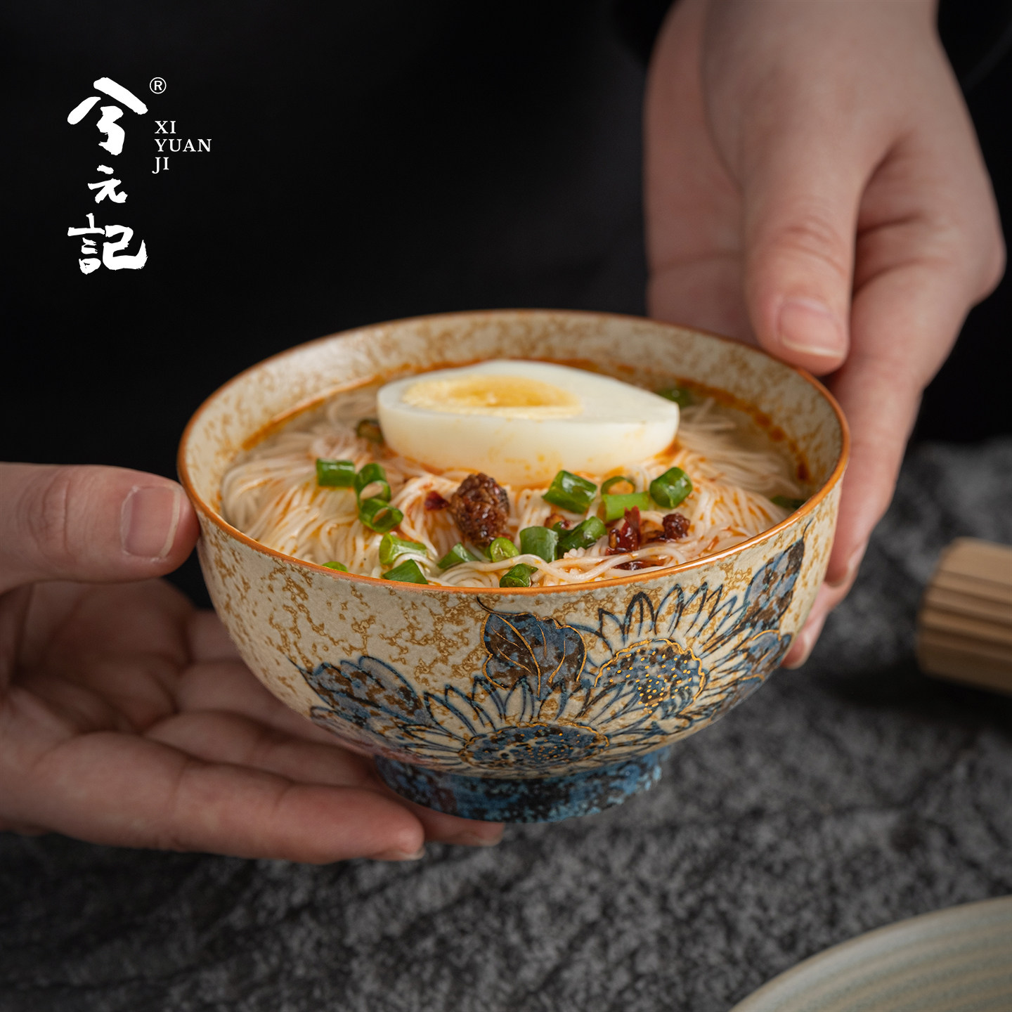 手绘青花火石红陶瓷饭碗家用高档汤碗装泡面碗中式高温餐具2026新