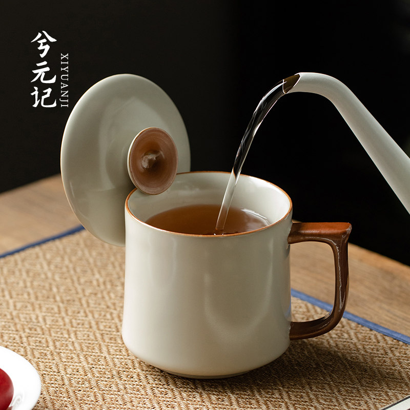 米黄马克杯带盖陶瓷水杯办公室中式杯子家用茶杯早餐杯定制伴手礼