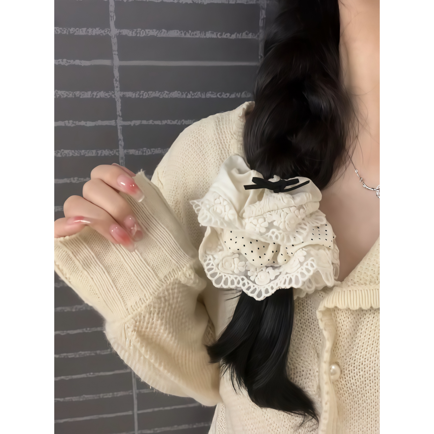 奶油蝴蝶结大肠发圈女镂空蕾丝边头绳扎麻花辫皮筋学生闺蜜发饰