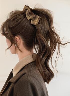 气质咖色格纹蝴蝶结香蕉夹女后脑勺盘发扭扭夹高马尾发夹发卡头饰