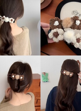 2024新款绿色花朵毛线发夹女秋冬后脑勺鸭嘴夹发卡大号不硌头抓夹