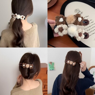 2024新款绿色花朵毛线发夹女秋冬后脑勺鸭嘴夹发卡大号不硌头抓夹