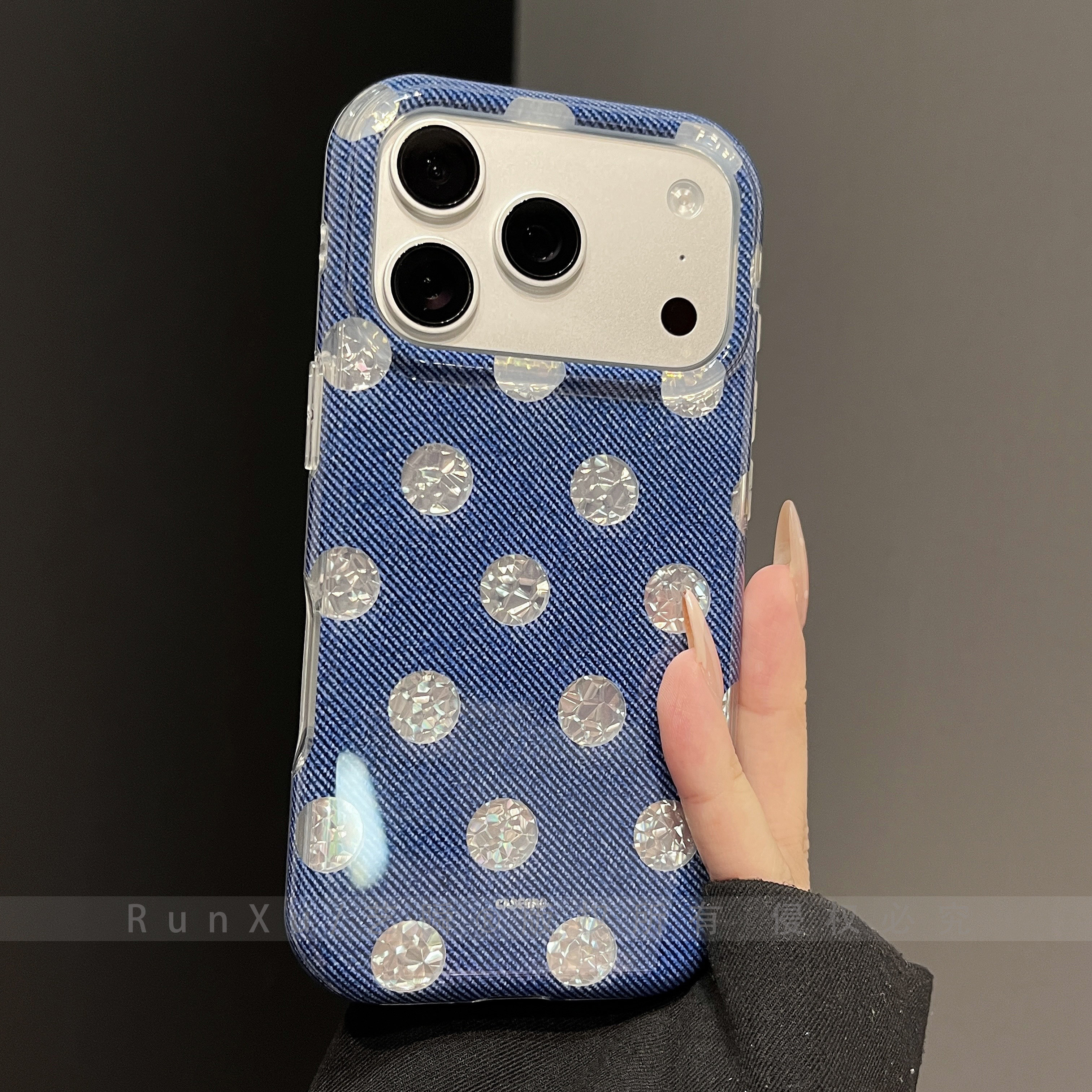 blingbling银闪波点适用苹果17ProMax手机壳新款iPhone16pro复古风牛仔纹15pm高颜值女款16pro全包防摔保护套 - 实物图