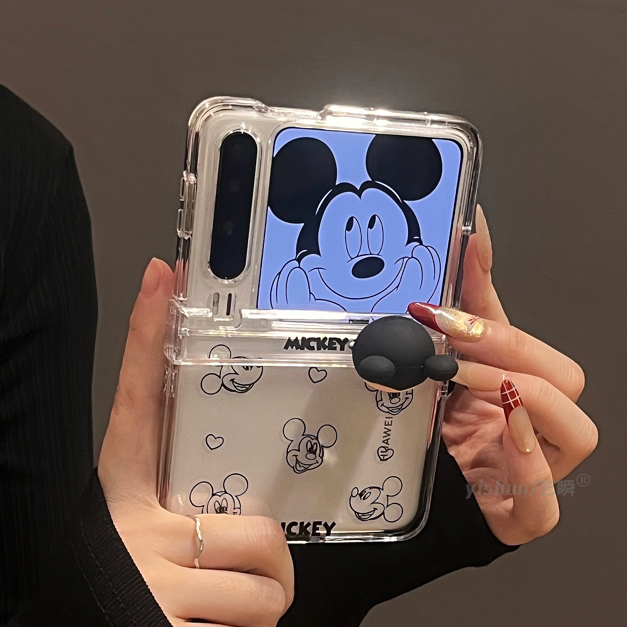 卡通简约线条米奇涂鸦适用华为PuraX折叠屏手机壳p50pocket2创意novaFlip透明中轴保护三星Zflip654荣耀VFlip