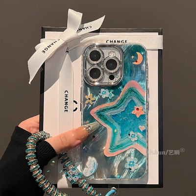 适用iPhone16ProMax手机壳新款苹果17pro油画星星月亮15闪粉全包镜头14pm网红女款13max带挂绳12高级感保护套