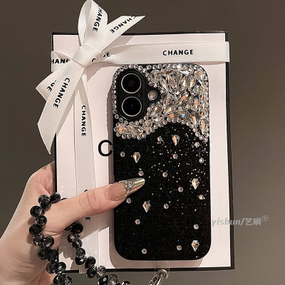 适用苹果16ProMax手机壳iPhone16轻奢时尚黑色细纱堆堆水钻15高级感女款16新款13 pro全包硅胶14pm超火保护套