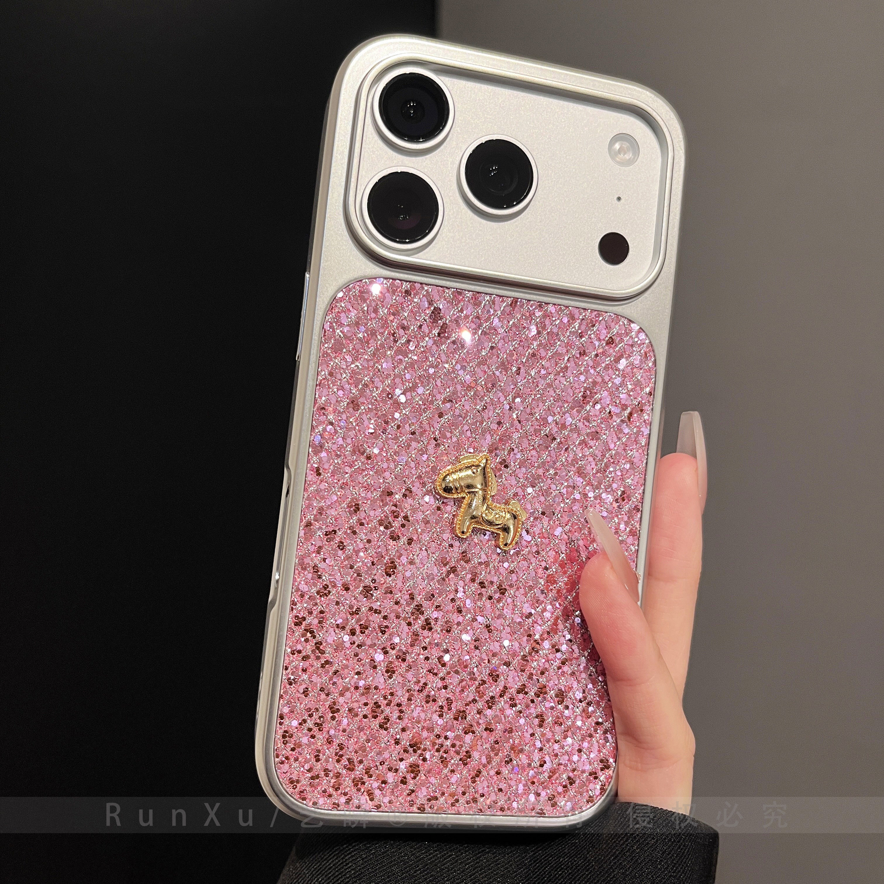 网红甜酷轻奢玫瑰粉色闪粉亮片立体金马适用iPhone17ProMax手机壳苹果16电镀15马年14硅胶17pm女款韩系保护套,3C数码配件,手机保护套/壳,淘宝优惠券,粉丝福利购,淘宝优惠卷