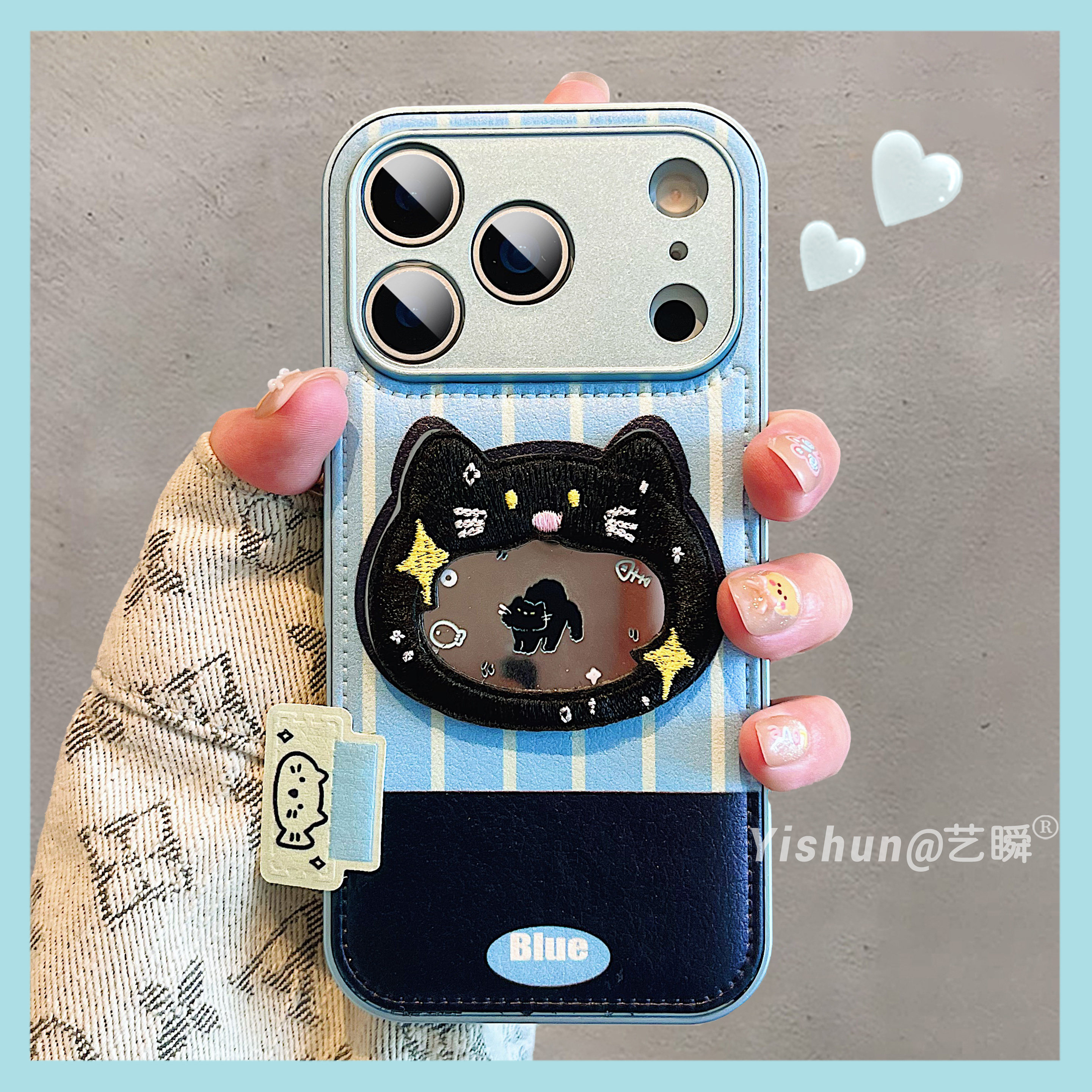 新款韩系条纹呆萌趣味镜面猫咪适用iPhone17ProMax手机