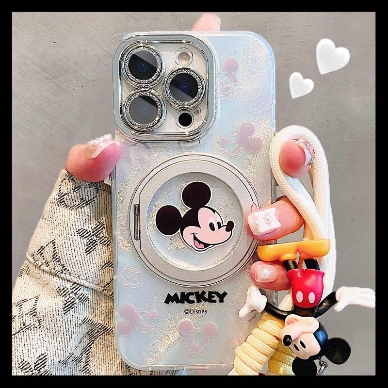 卡通米奇小脑瓜适用苹果17promax手机壳360旋转支点壳16pro新款磁吸支架iPhone14plus镜头全包13女款15保护套