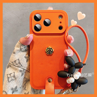 秋冬新款高级玫瑰花爱马仕橙适用iPhone17ProMax手机壳苹果16带挂绳14全包镜头15pro荔枝皮11/12防摔13保护套