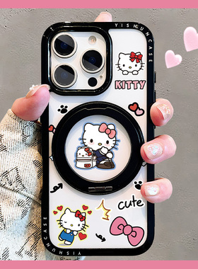 可爱背包凯蒂猫适用苹果16ProMax手机壳16pro支点壳15新款360旋转磁吸支架iPhone透明ip13pm女款14plus保护套
