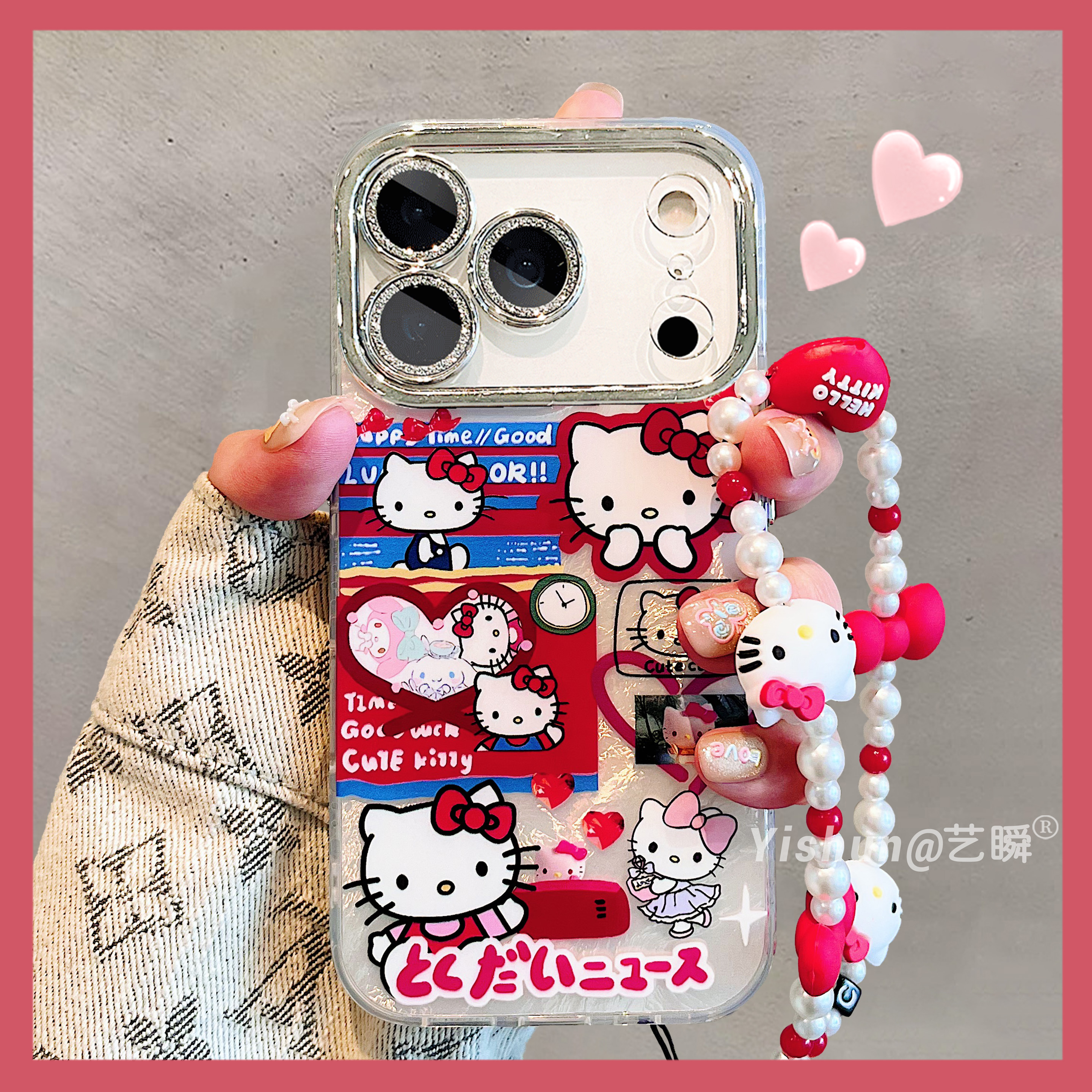 呆萌甜美场景拼接涂鸦墙kt猫适用iPhone17ProMax手机壳苹果16pro新款15全包镜头13锡纸纹14plus女17Air保护套