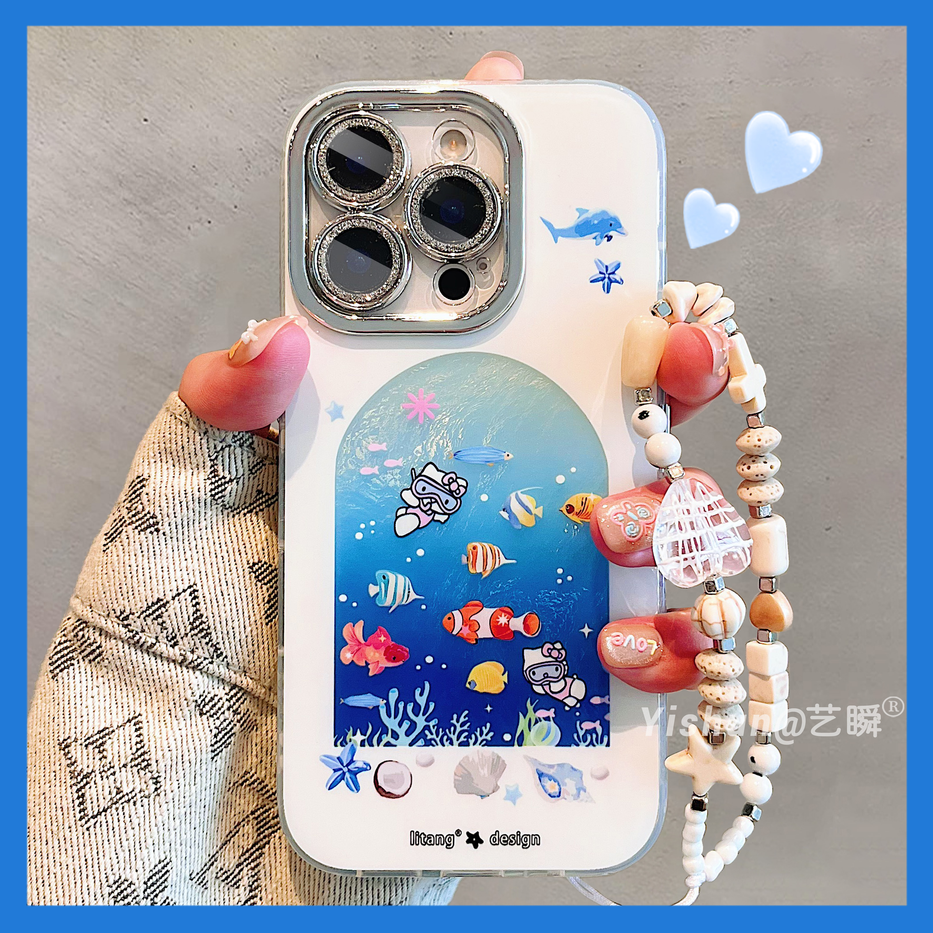 深海潜水kt猫贝壳小鱼适用苹果16promax手机壳新款iPhone15pro镜头全包14plus带挂绳17Pro夏日系13pm保护套12