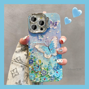 11唯美ins女款 适用iPhone15ProMax手机壳16苹果14蓝光水钻油画蝴蝶12高级感新款 13pro全包镜头支架14pm保护套