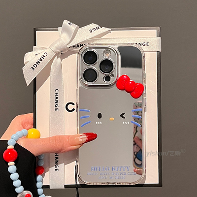 适用iPhone16ProMax新款手机壳带镜子苹果17Pro眨眼kitty猫表情补妆镜面15plus全包13可爱女款14挂绳12保护套