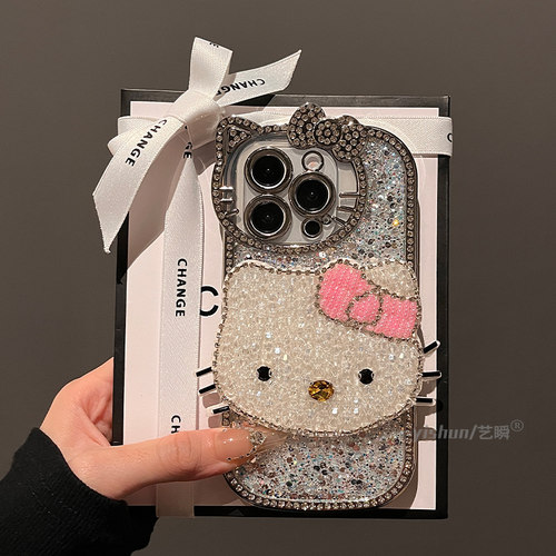 适用苹果16ProMax手机壳秋冬新款iPhone15pro闪片满钻kt猫14pm个性可爱少女心13电镀硅胶12小众创意11保护套