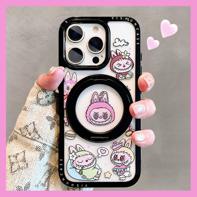 呆萌labubu插画适用苹果16ProMax手机壳新款360度旋转磁吸支架iPhone15Pro透明13女款14plus可爱13支点保护套