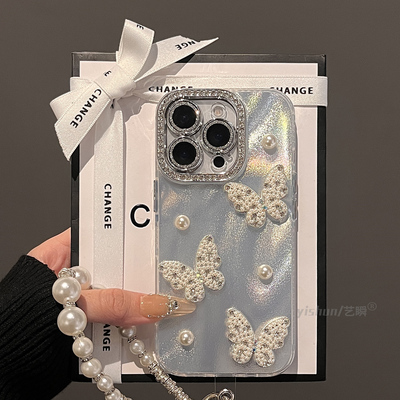 适用苹果16ProMax手机壳轻奢高级感iPhone17pro新款时尚立体珍珠蝴蝶15plus闪钻镜框13高档14女款12pro保护套