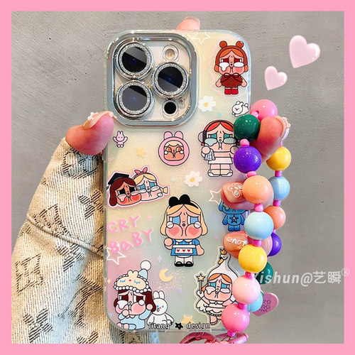 可爱卡通彩色晕染哭娃适用苹果16promax手机壳17新款iPhone15pro镜头全包14plus带挂绳13Pro少女心15pm保护套