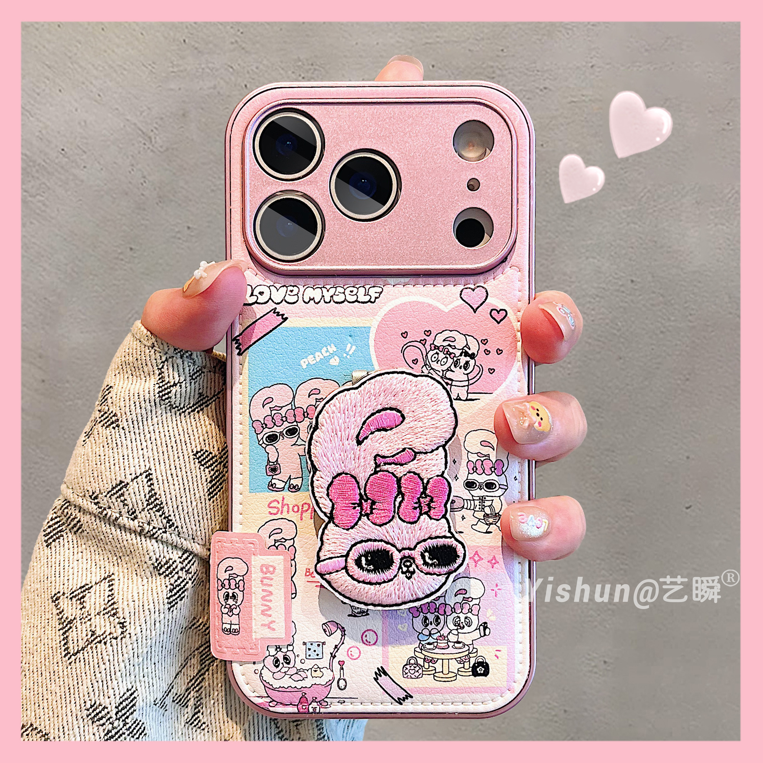 秋冬新款可爱粉色艾丝乐兔用iPhone17ProMax手机壳苹果16pro折叠支架适13皮质鼓包14全包防摔ip17女款保护套
