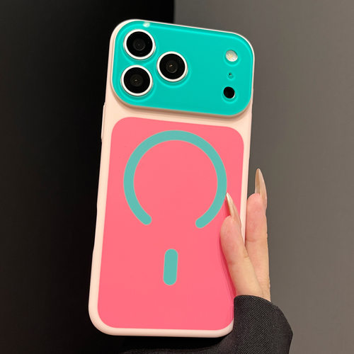 ins甜酷玫红湖绿撞色磁吸大视窗适用苹果17ProMax手机壳新款iPhone16pro秒变14无线充电13全包防摔保护套外壳