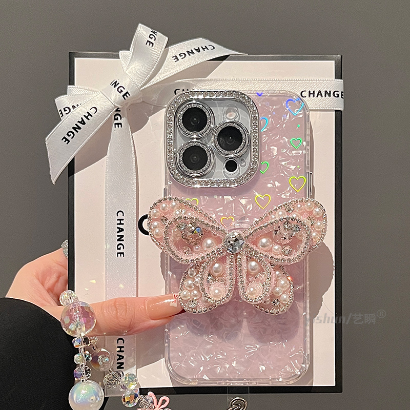 适用苹果16promax手机壳iphone15pro仙女风粉色珍珠闪钻蝴蝶支架14plus贝壳纹13pro网红款16渐变爱心12保护套
