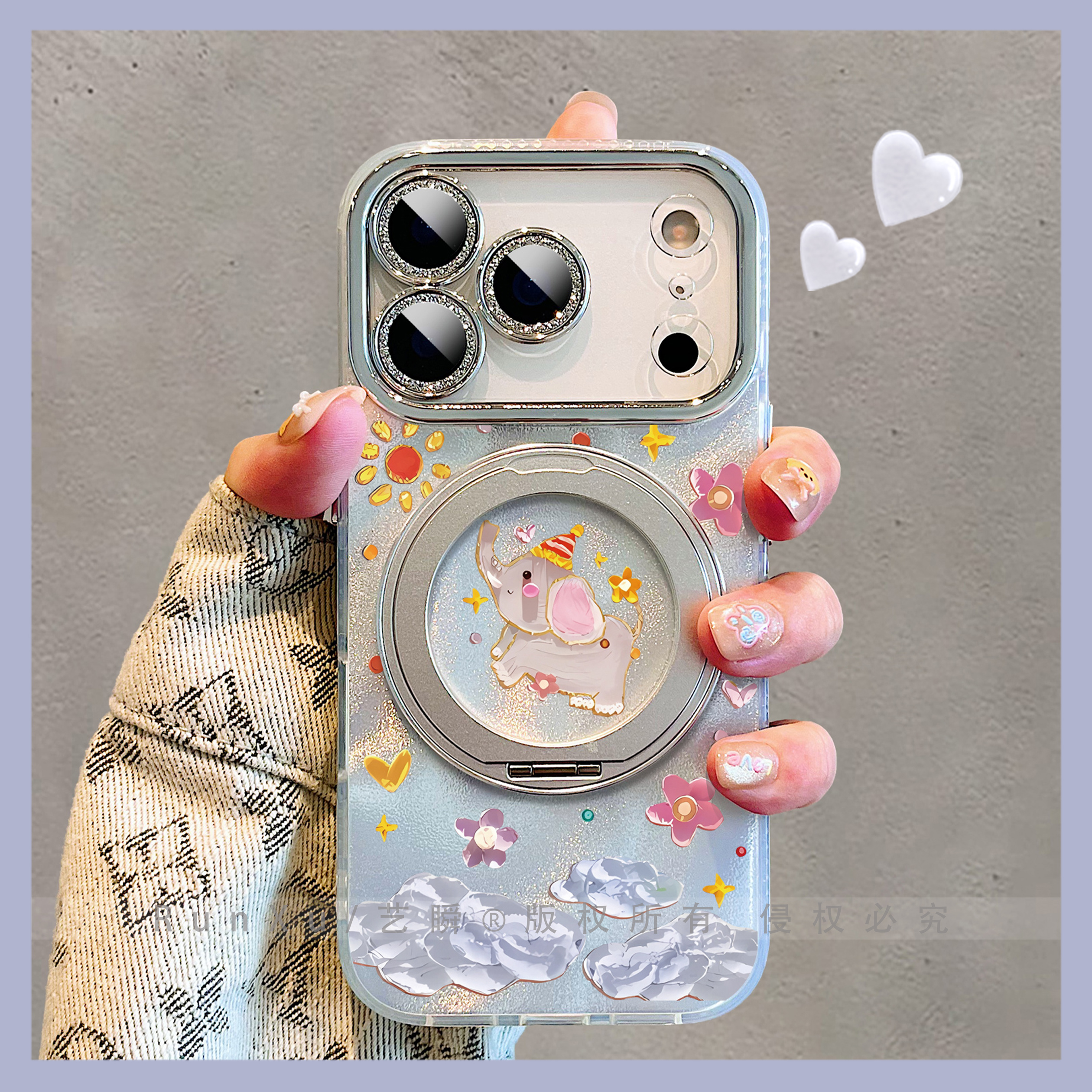 艺术治愈系油画风卡通可爱小象适用苹果17promax手机壳Air旋转支架16pro磁吸支点壳iPhone14新款趣味15保护套