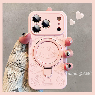新款Kitty猫樱花粉一体式360旋转支架适用苹果17ProMax磁吸手机壳iPhone16液态硅胶14软糯亲肤15可爱13保护套