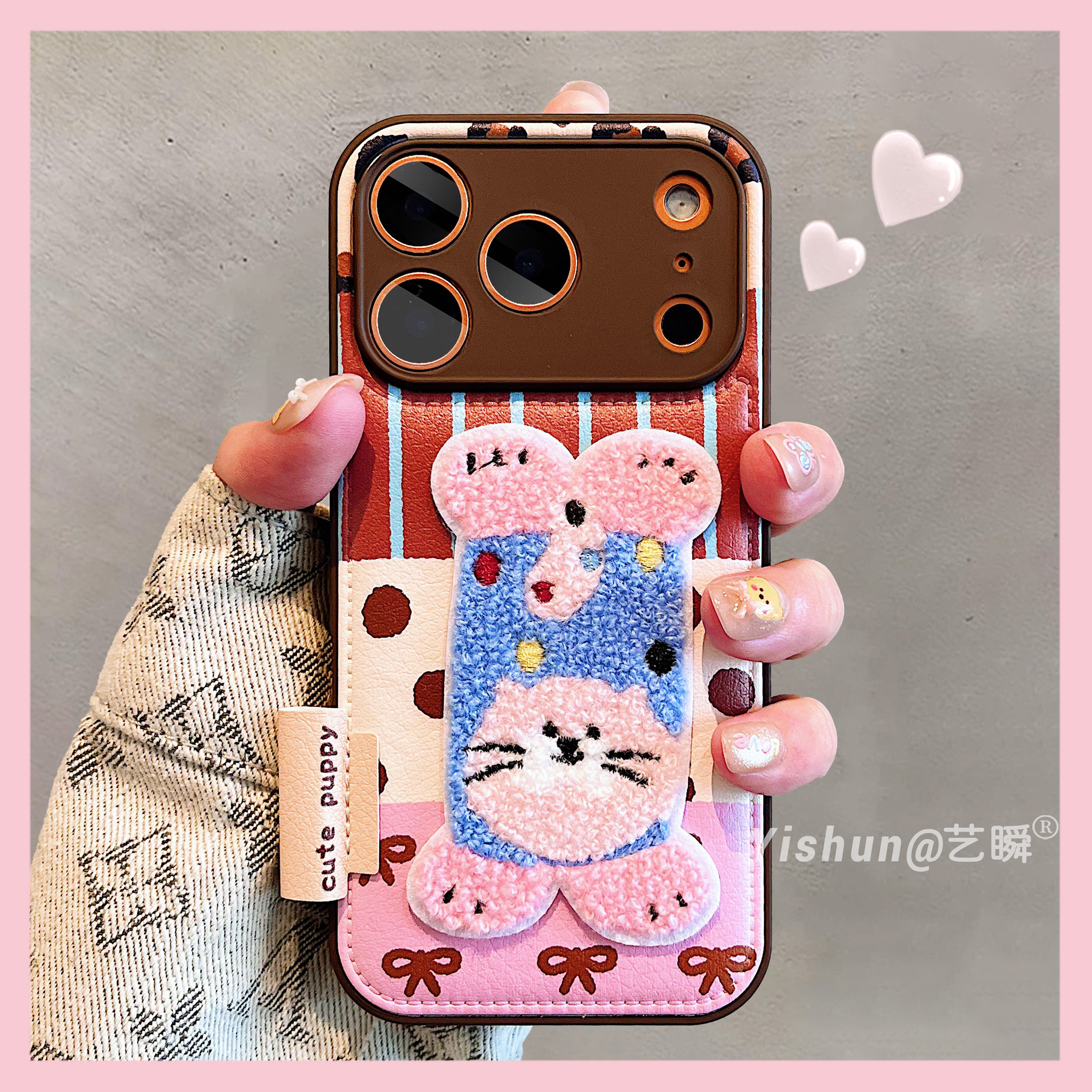 秋冬新款拼接立体刺绣猫咪适用iPhone17ProMax手机壳苹