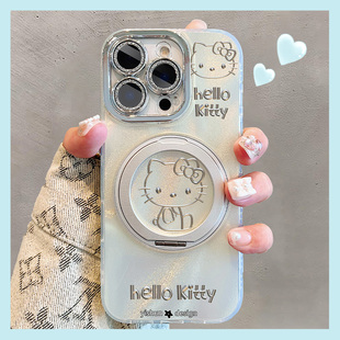 乖乖坐线条Kitty适用苹果16promax手机壳360旋转支架壳17pro磁吸支点壳iPhone14plus镜头全包13p女款16保护套