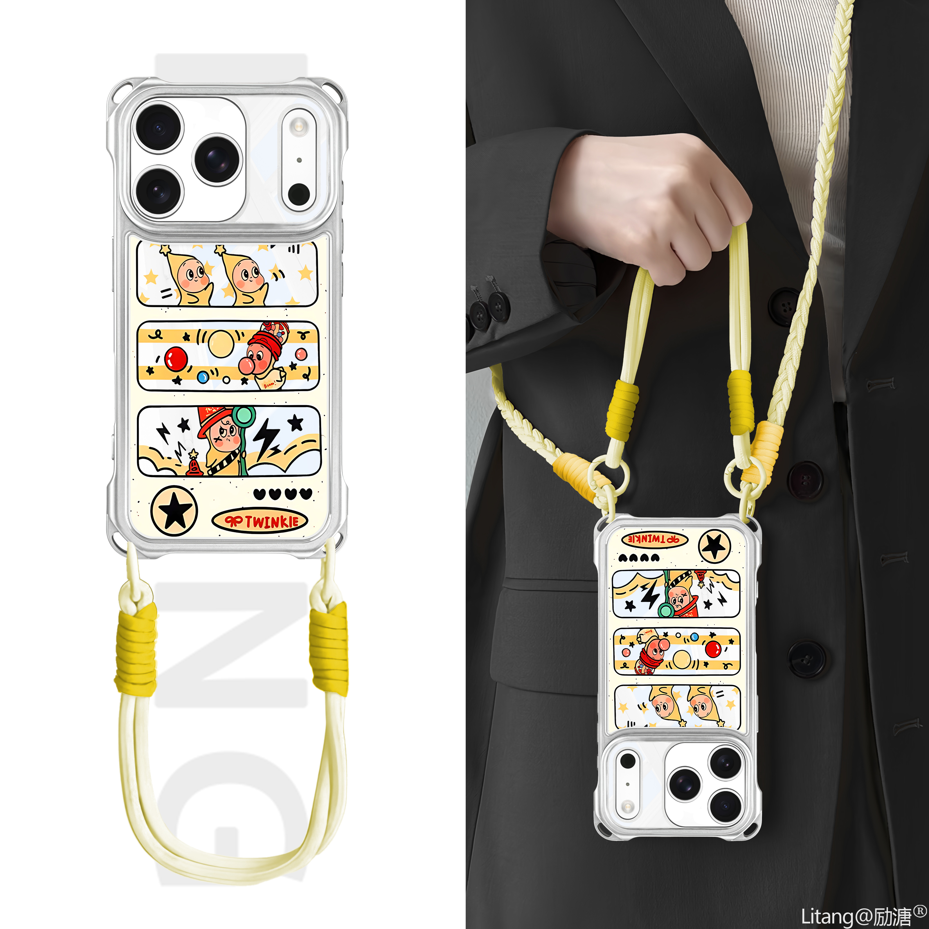搞怪三拼图漫画风星星人适用苹果17ProMax挂绳手机壳iPhone16Pro斜跨长挂绳可背14pro四角挂绳15少女心保护套