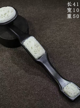 古董文玩旧藏黑檀木镶嵌白玉如意一根办公桌摆件桌面复古老物件