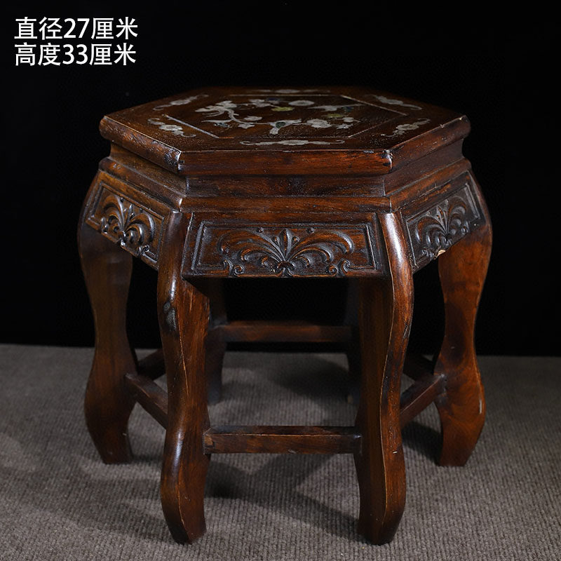 古董文玩花梨木镶嵌贝壳六角方凳矮凳富贵凳红木花架底座装饰摆件