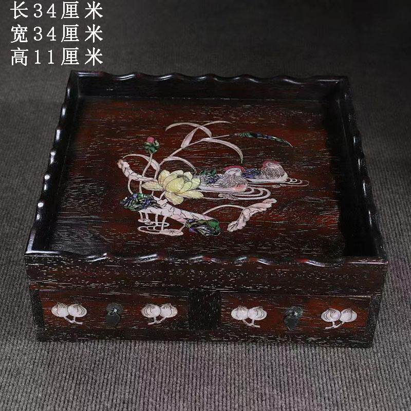 古董文玩大红酸枝木镶嵌贝壳茶台都承盘带抽屉正方形茶盘