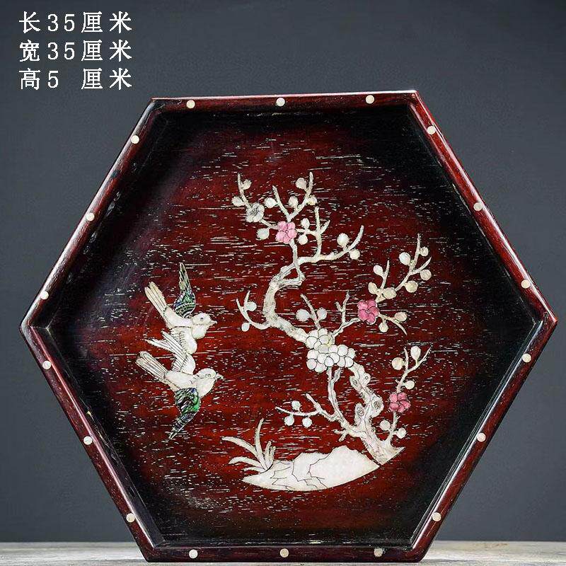 古董文玩紫檀木镶贝壳六角茶盘