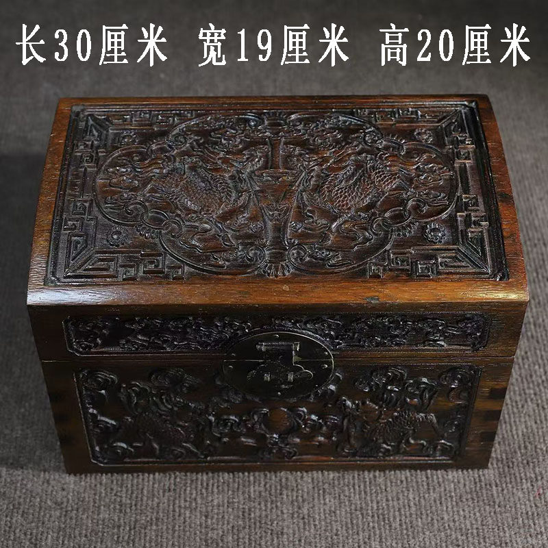 古董文玩缅甸花梨木雕刻麒麟鼓盖收纳盒实木龙纹收纳箱子官箱摆件