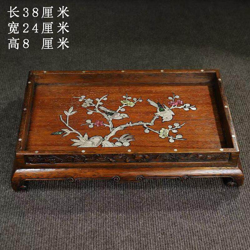 古董文玩花梨木镶嵌贝壳喜上眉梢底座茶盘红木螺钿托盘果盘