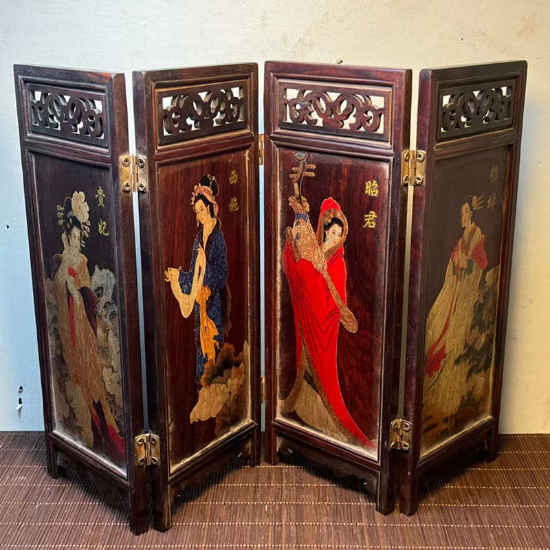 古董文玩红酸枝木手绘四大美女折叠屏风桌面复古摆件红木小屏风