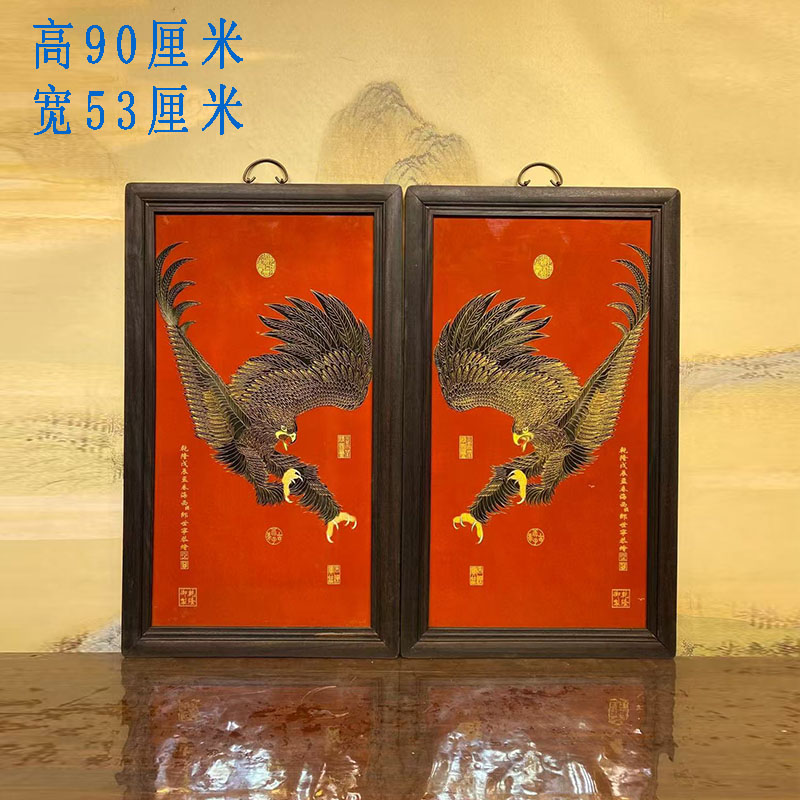 古董文玩郎世宁作品红木镶瓷板画掐丝大展宏图挂屏客厅中堂挂画