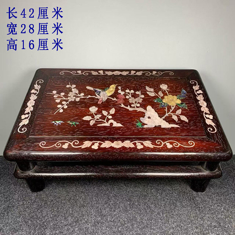 古董文玩小叶紫檀木镶嵌贝壳喜鹊登梅茶桌红木圆腿炕桌茶台摆件