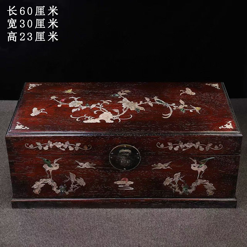 古董文玩小叶紫檀木镶嵌贝壳大号花鸟首饰盒红木收纳盒大箱子
