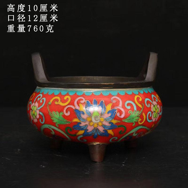 古董文玩纯铜胎掐丝珐琅彩景泰蓝三足冲耳铜香炉桌面上香元宝炉
