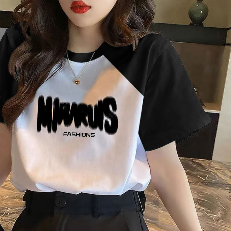 黑白拼接撞色短袖t恤女夏季纯棉2026新款爆款宽松显瘦插肩袖上衣