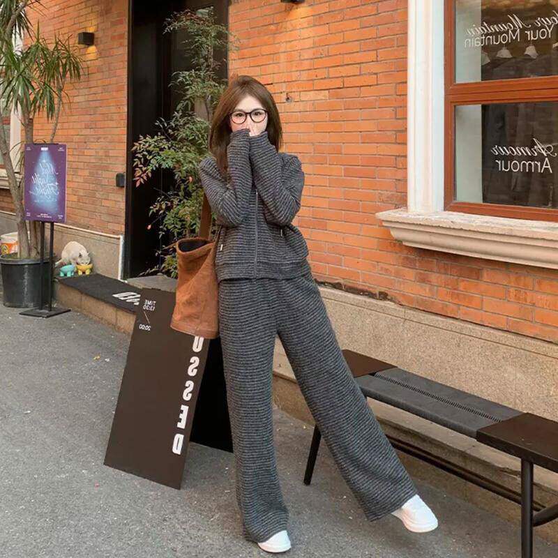 2026春装新款休闲慵懒风条纹连帽开衫阔腿裤两件套女爆款时尚套装